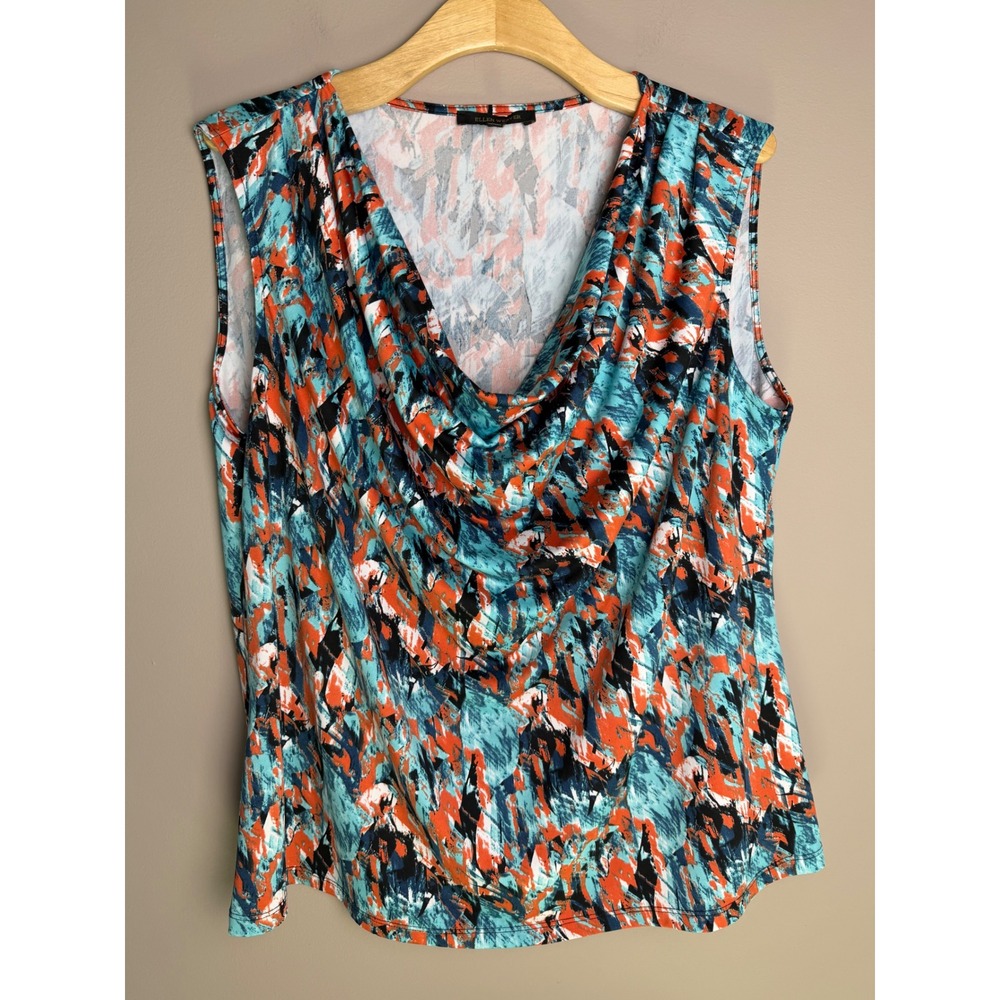 Ellen Weaver Womens 2X Abstract Cowl Neck Sleeveless Top Teal Orange Blouse